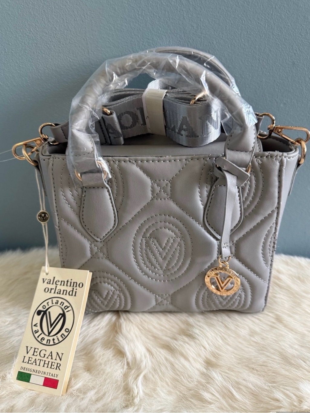 Valentino Orlandi Medium Quilted Light Grey Convertible Crossbody Tote Bag